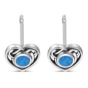 Synthetic Azure Blue Opal Celtic Love Heart Sterling Silver Stud Earrings - e366